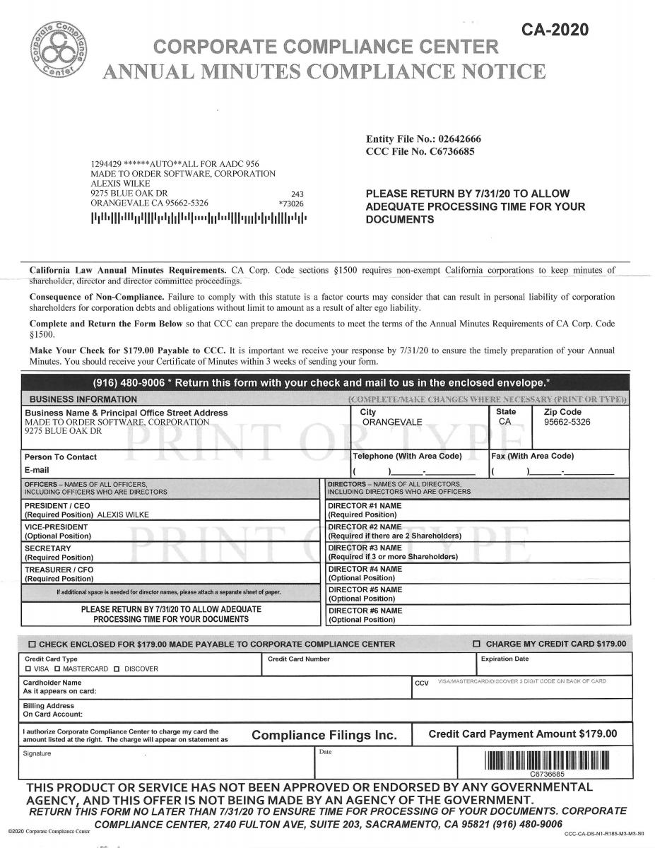 Corporate Compliance Center — Annual Minutes Compliance Notice